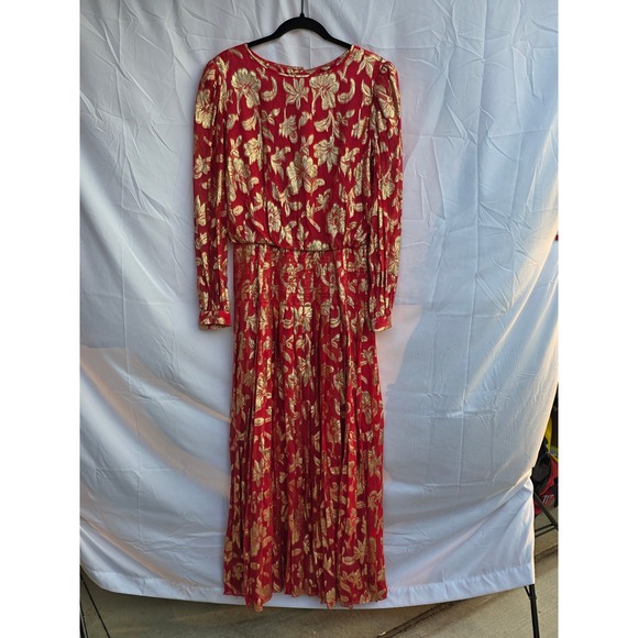 Evening By Raul Blanco Dresses & Skirts - Vintage Raul Blanco Red Gold Metallic Floral Pleated Maxi Dress Evening Gown 12